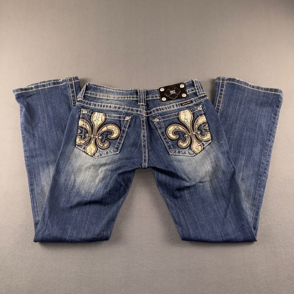 Miss Me JP6163B Womens Bootcut Jeans Fleur De Lis Studded Blue Denim Size 27